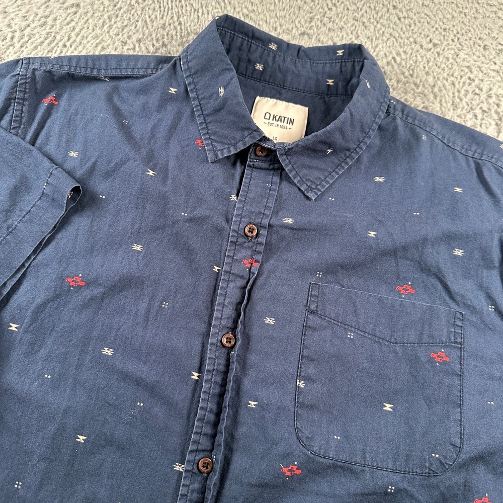 Katin‎ Shirt Mens L Navy Short Sleeve Button Up Cotton Aztec Print Chest Pocket
